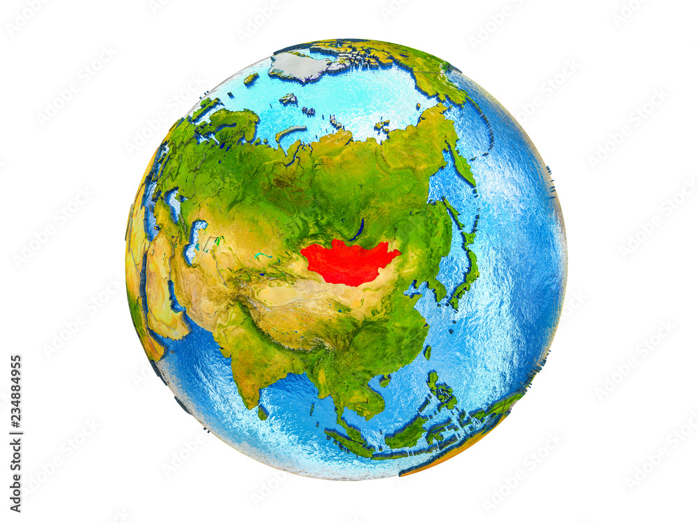 Mongolia on 3D model of Earth with country borders and water in oceans. 3D illustration isolated on white background. Mongolia on 3D model of Earth with country borders and water in oceans. 3D illustration isolated on white background.