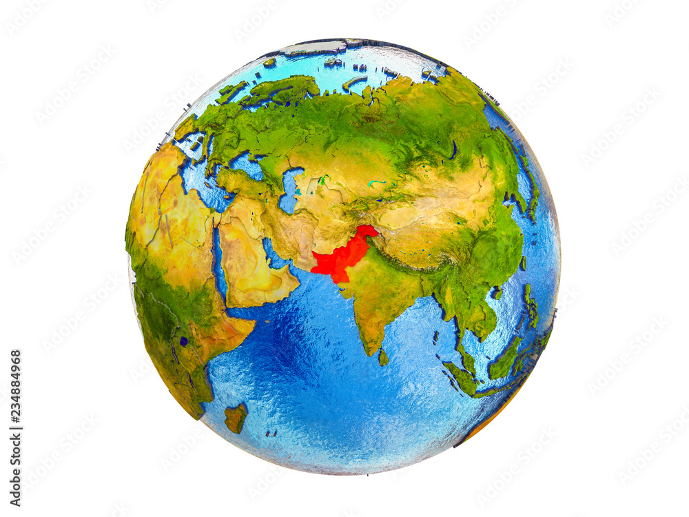 Pakistan on 3D model of Earth with country borders and water in oceans. 3D illustration isolated on white background.