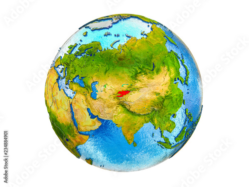 Kyrgyzstan on 3D model of Earth with country borders and water in oceans. 3D illustration isolated on white background. © harvepino