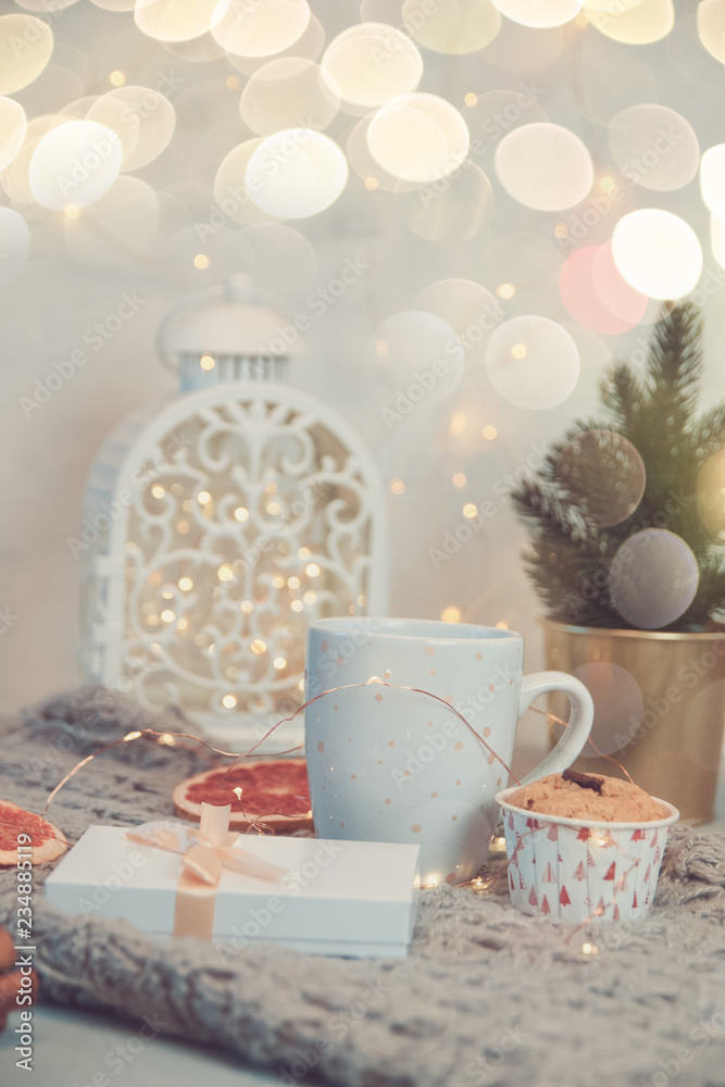 Winter still life from scarf, white mug of cocoa, coffee or hot chocolate, muffin, christmas tree on warm plaid with garland.