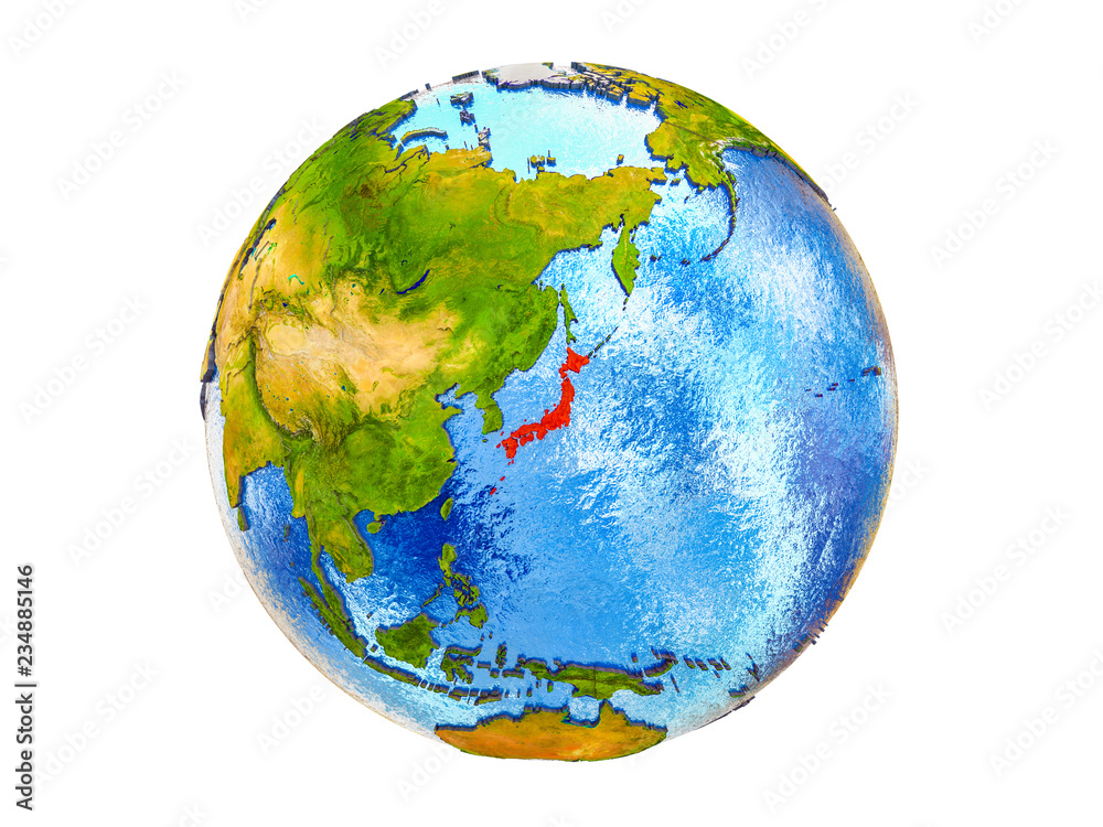 Japan on 3D model of Earth with country borders and water in oceans. 3D illustration isolated on white background.