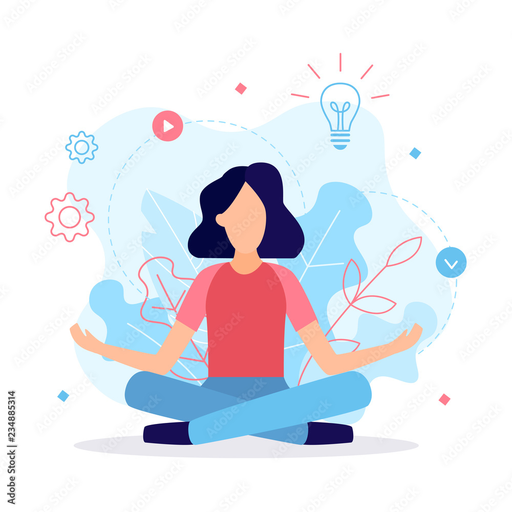 Girl sitting in lotus pose. Thought process, search for ideas and work on the project. Business concept. Flat vector illustration. Girl sitting in lotus pose. Thought process, search for ideas and work on the project. Business concept. Flat vector illustration.