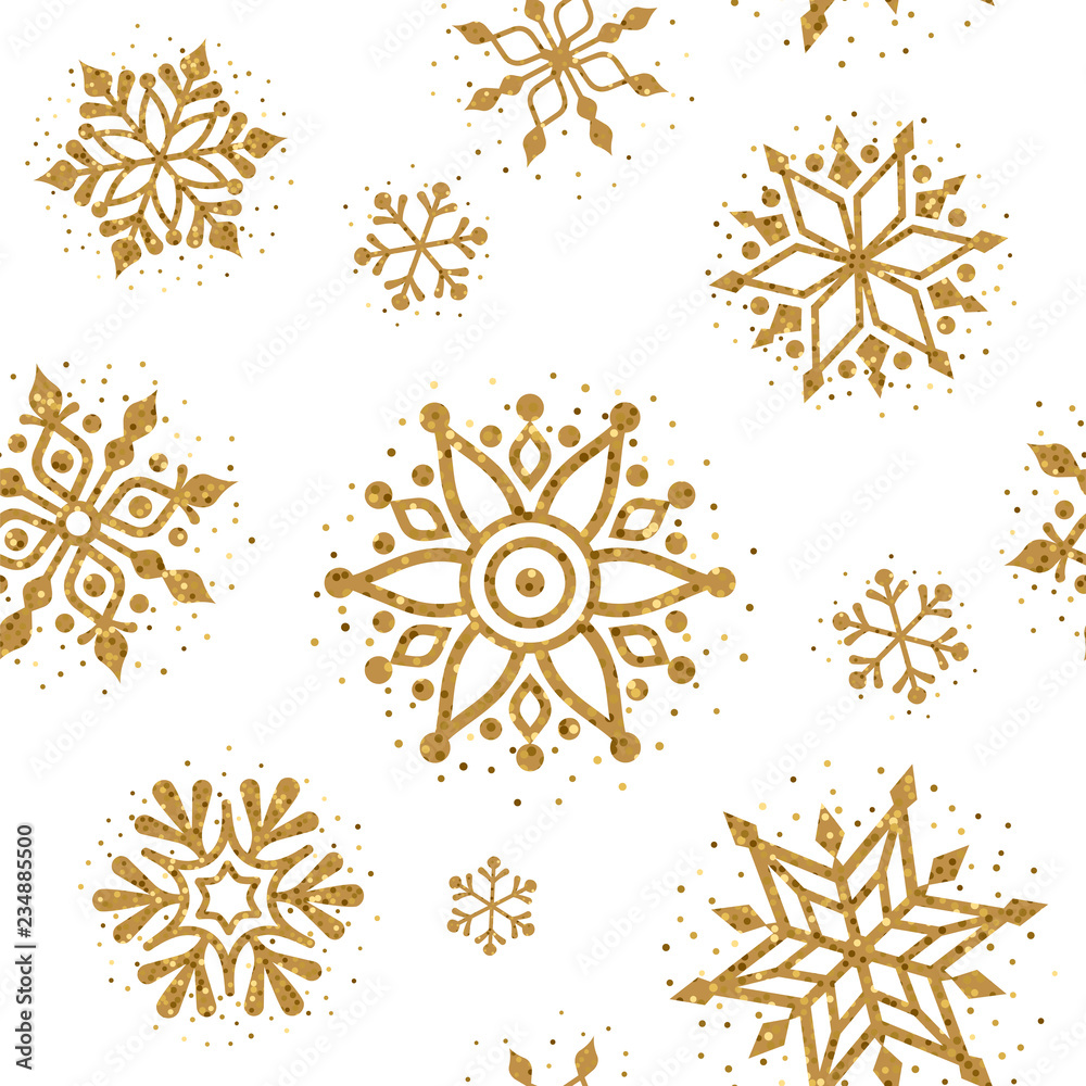 Fototapeta premium Christmas pattern. Vector seamless pattern with golden glitter snowflakes on the white background