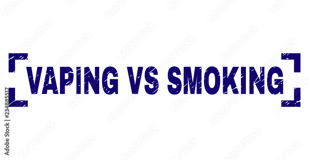 VAPING VS SMOKING caption seal stamp with corroded texture. Text caption is placed between corners. Blue vector rubber print of VAPING VS SMOKING with dust texture.