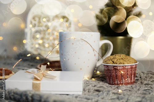 Winter still life from scarf  white mug of cocoa  coffee or hot chocolate  muffin  christmas tree on warm plaid with garland.