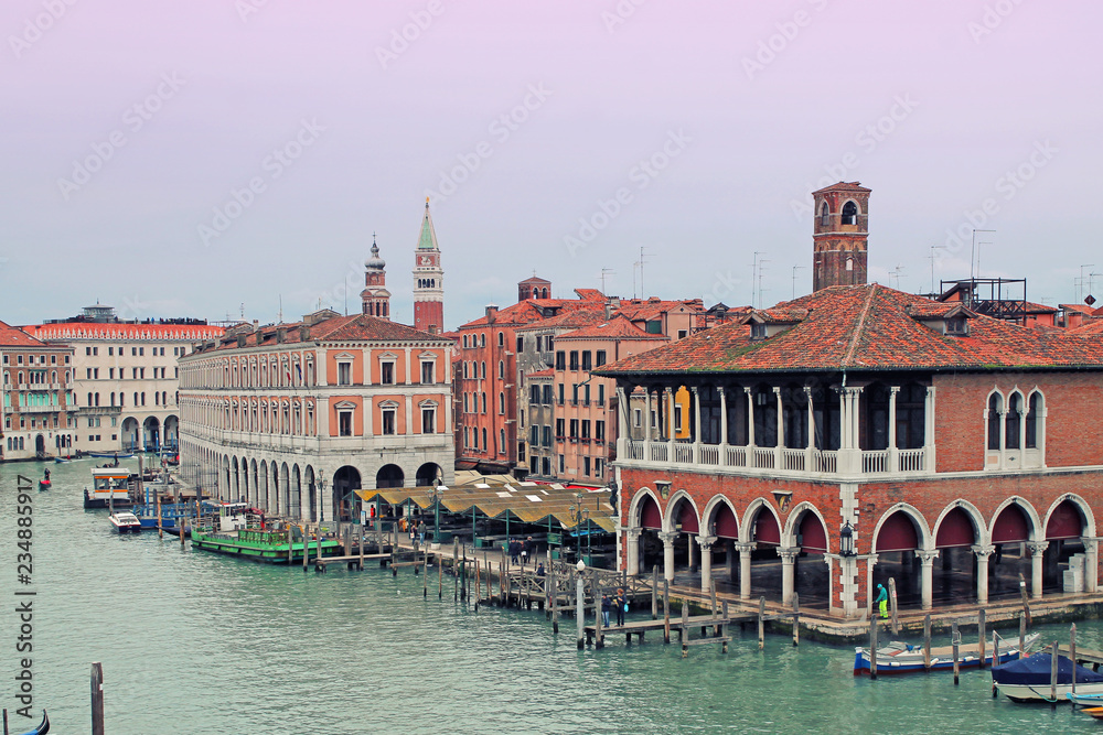 View of Grand Canal and the market in Venice, Italy. 20 february 2018 year.