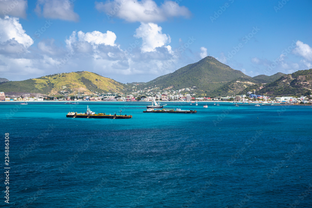 Coastline along of the Sint Maarten in the Caribbean sea