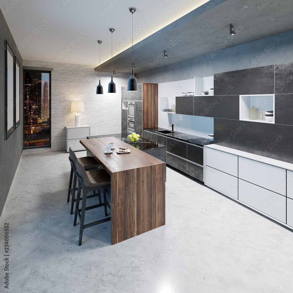 modern kitchen design with a long center island and bar table