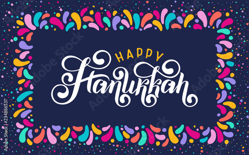 Vector lettering text Happy Hanukkah. Jewish Festival of Lights celebration, festive holiday greeting card template