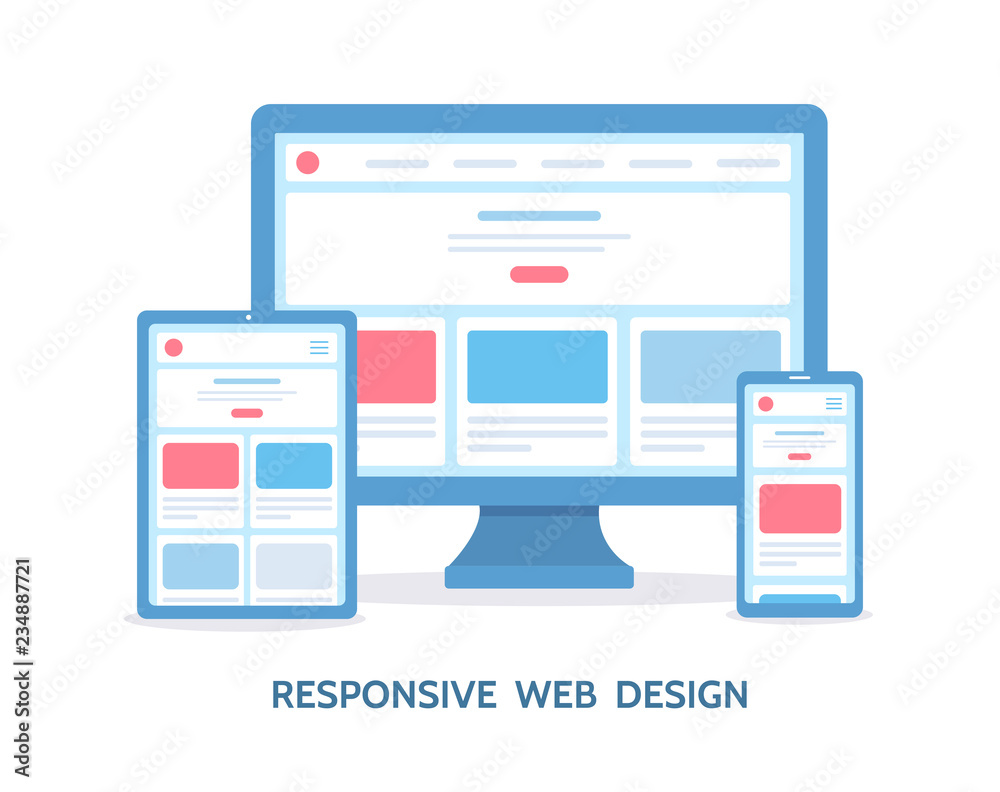 Responsive web design. The website is open on different devices: computer, tablet and smartphone. Flat vector illustration.