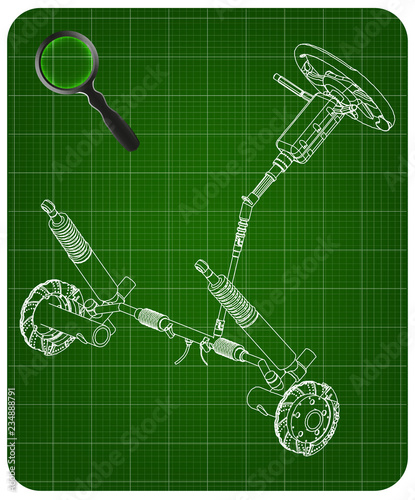 3d model of steering column and car suspension on green