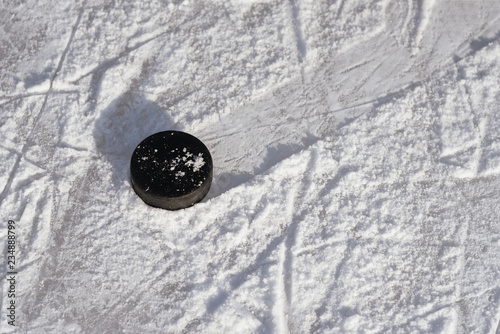 Canvas Print hockey puck lies on the ice in the stadium
