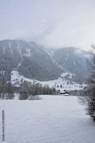Winter landscape in swiss mountains with some huts in the background © Phillip