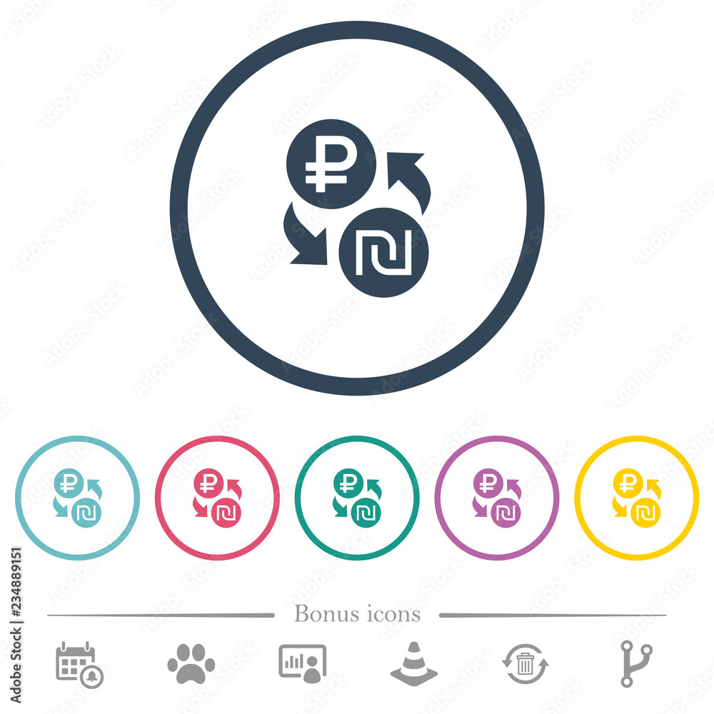 Ruble Shekel money exchange flat color icons in round outlines Ruble Shekel money exchange flat color icons in round outlines