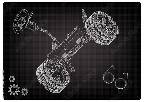 3d model of steering column and car suspension on black