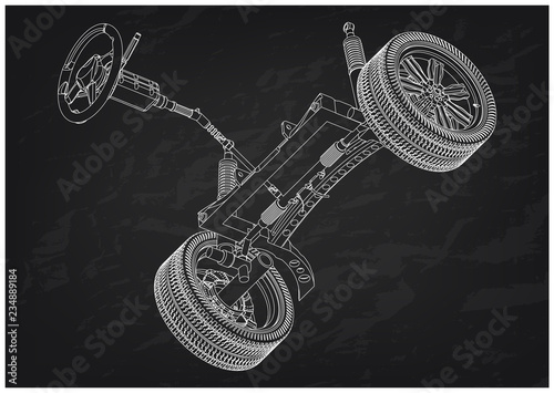 3d model of steering column and car suspension on black