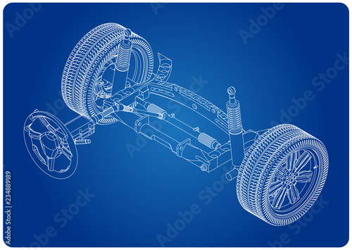 3d model of steering column and car suspension on blue