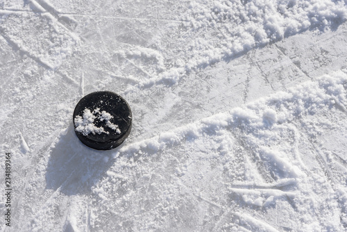 Canvas Print hockey puck lies on the ice in the stadium