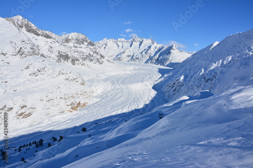 Alpine Panaorama in the winter with snow and aletsch glacier