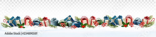 Holiday Christmas panorama with colorful gift boxes and branch of tree on transparent background. Vector.