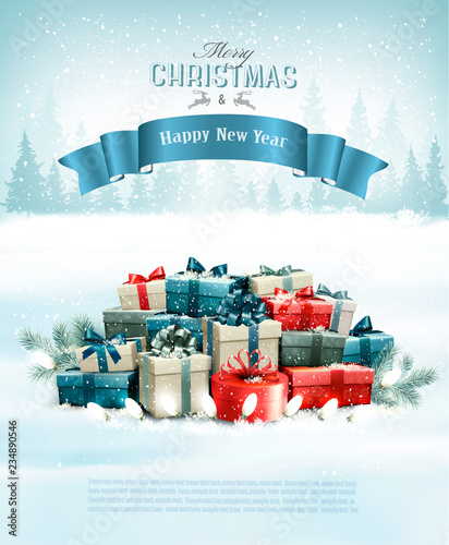 Christmas holiday background with presents and a blue ribbon. Vector.