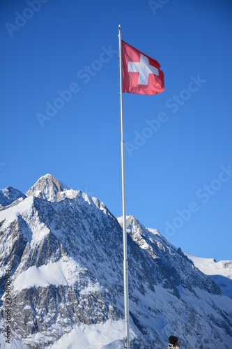 Flag of switzerland in the alps in winter