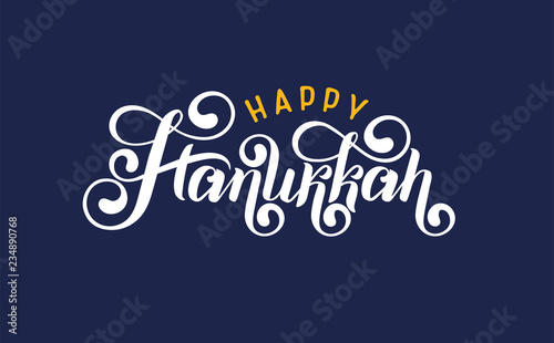 Vector lettering hand written text Happy Hanukkah Jewish Festival of Lights isolated. Festive Inscription logo, quote.