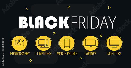 Graphics on black friday with a electronic equipment. Vector illustration with black background.
