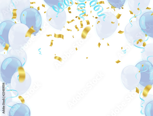 Happy New Year text, lettering for greeting cards, banners, posters, isolated vector illustration with balloons. Confetti and ribbons flag ribbons, Celebration background template