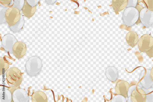Happy New Year text, lettering for greeting cards, banners, posters, isolated vector illustration with balloons. Confetti and ribbons flag ribbons, Celebration background template