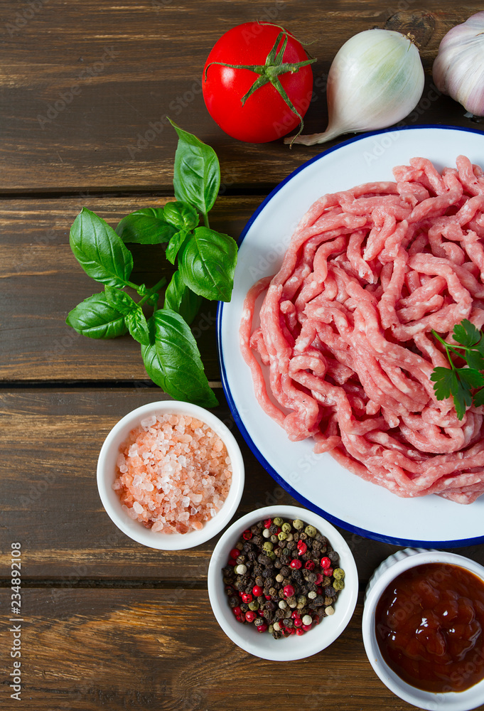 minced meat on wooden surface minced meat on wooden surface