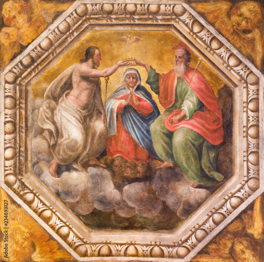 PARMA, ITALY - APRIL 17, 2018: The detail of fresco of Coronation of Virgin Mary on the celing of church Chiesa di Santa Maria degli Angeli by Giovanni Maria Conti and Pier Antonio Bernabei (1620).