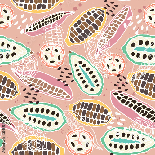Colorful stylized cacao pods seamless vector pattern background.