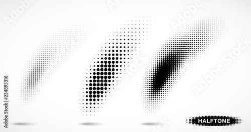 Halftone curved gradient pattern texture isolated on white background set. Curve brush smear using halftone circle dots raster texture collection. Vector illustration. photo