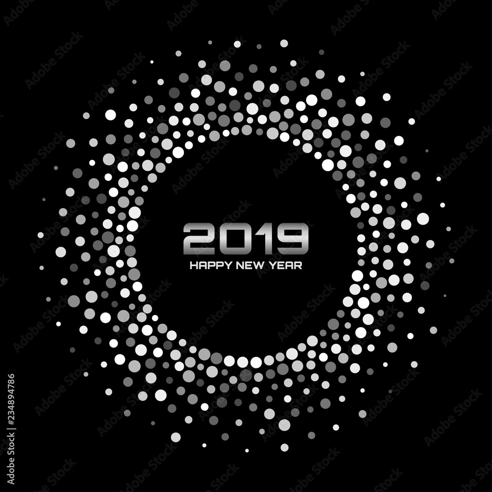 New Year 2019 Card Background. White Disco Lights Halftone Circle Frame isolated on black background. Confetti circle border using white gray colors dots texture. Vector New Year 2019 Card Background. White Disco Lights Halftone Circle Frame isolated on black background. Confetti circle border using white gray colors dots texture. Vector