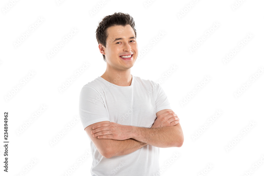 portrait of handsome smiling man with crossed arms looking at camera isolated on white portrait of handsome smiling man with crossed arms looking at camera isolated on white