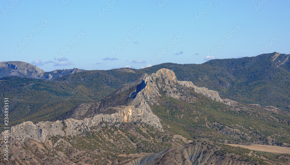 View towards Taraktash mountain from Perchem mountain, Crimea, Russia.