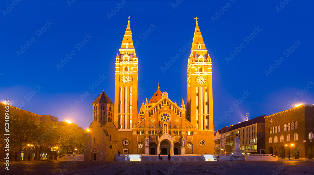 Night view of Cathedral of Szeged