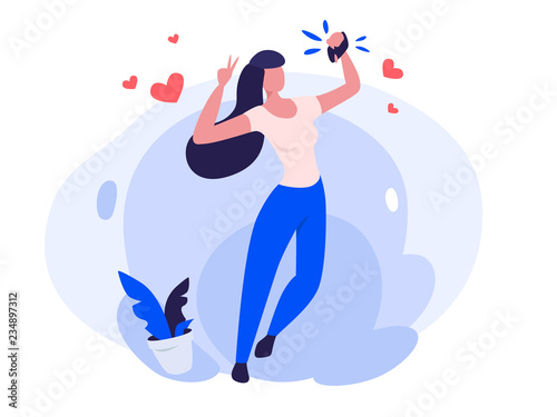 Selfie Girl Flat Illustration. Woman with phone make photo. Trend style image. Blogger. Plant. Simplified vector. Like. Social media. Popular. Famous.