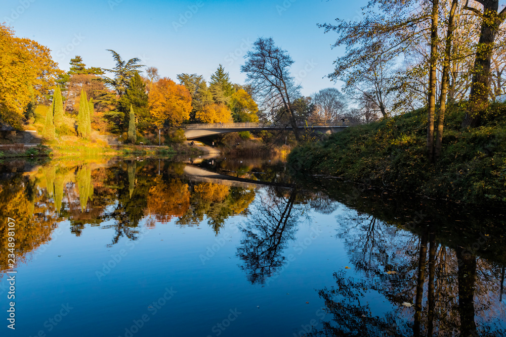 Autumn In Hamburg Park With Lake Reflection