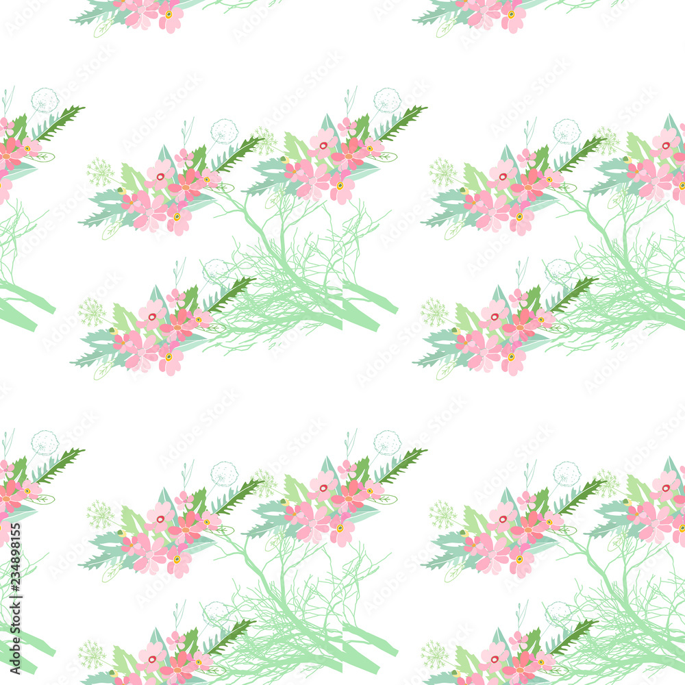 Seamless pattern with summer flowers and leaves on white background. Herbal pattern in light colors for the design of clothes.