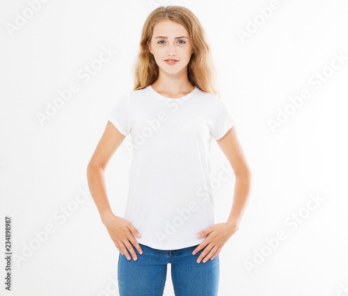 cute woman in t shirt isolated on white background,copy space,mock up,t-shirt woman © paulcannoby