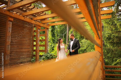 Beautiful wedding couple posing in front of wooden structure