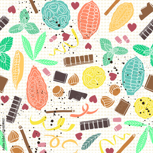 Colorful stylized cacao pods with chocolate bars and spices. seamless vector pattern background. © KaliaZen