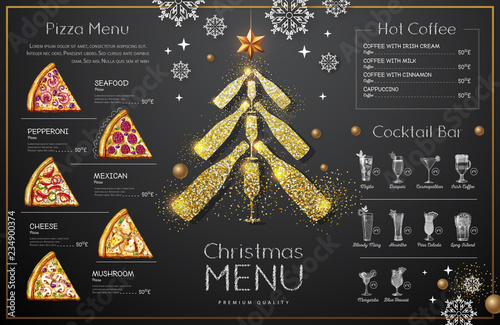 Christmas menu design with golden champagne glasses. Restaurant menu. Pyramid of champagne glasses