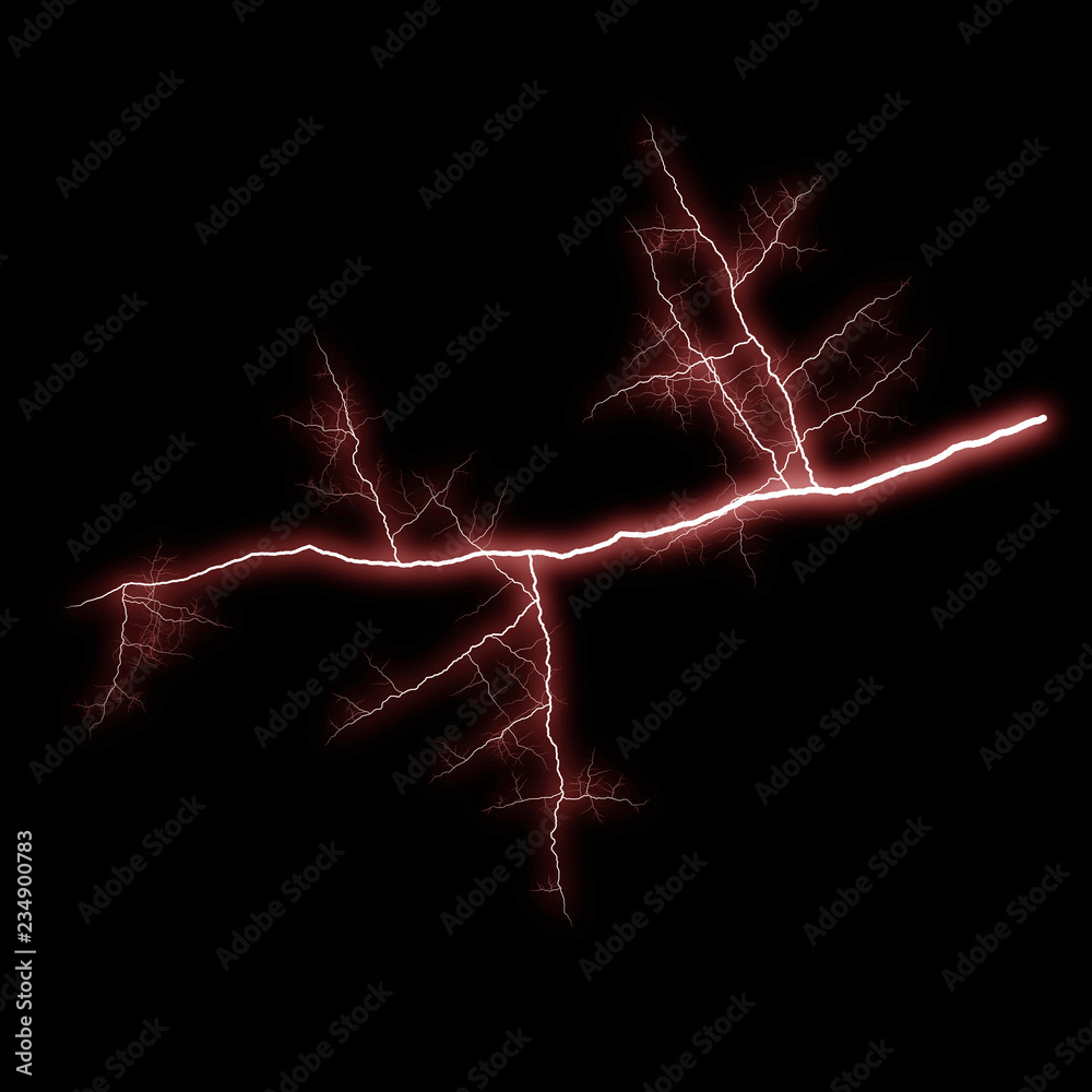 Isolated realistic electrical lightning strike visual effect on black night background. Energy change. 