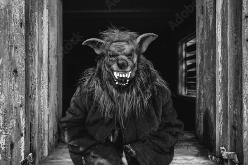 Fotografi Unknown person with creepy horrible werewolf mask looking out from old wooden ghost house window