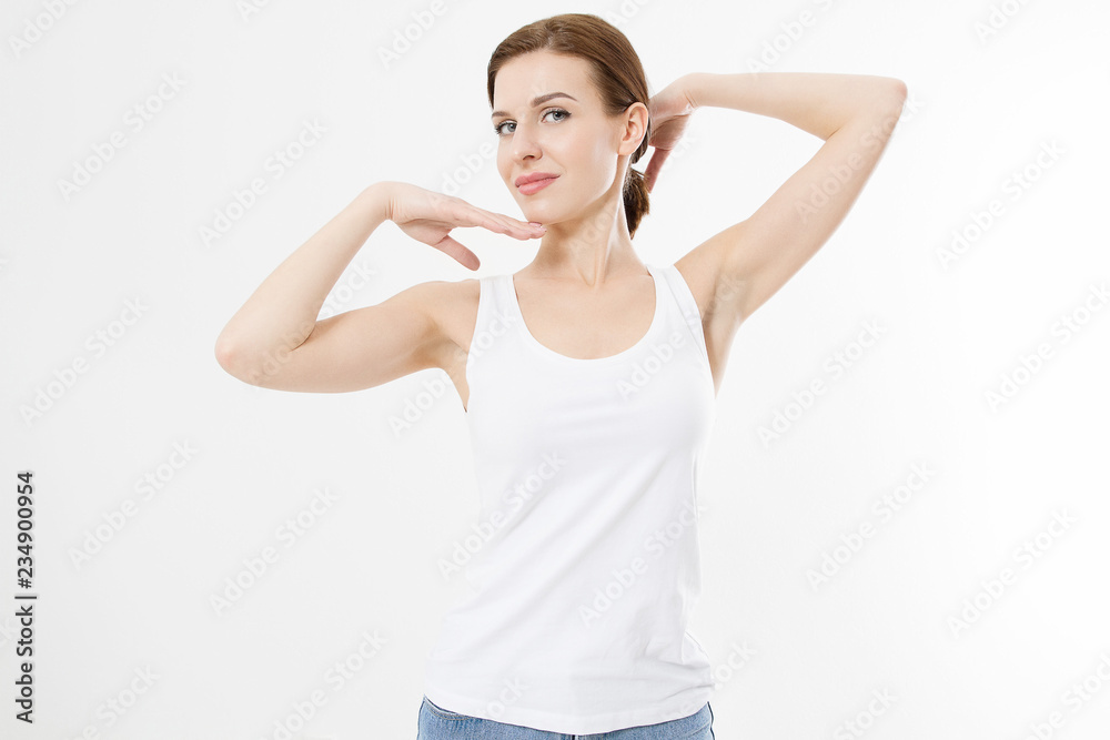 Blank template t shirt. Beauty Woman with perfect skin armpits and epilation isolated on white background. Laser hair removal. Brunette girl holding arms up and showing clean underarms. Copy space Blank template t shirt. Beauty Woman with perfect skin armpits and epilation isolated on white background. Laser hair removal. Brunette girl holding arms up and showing clean underarms. Copy space