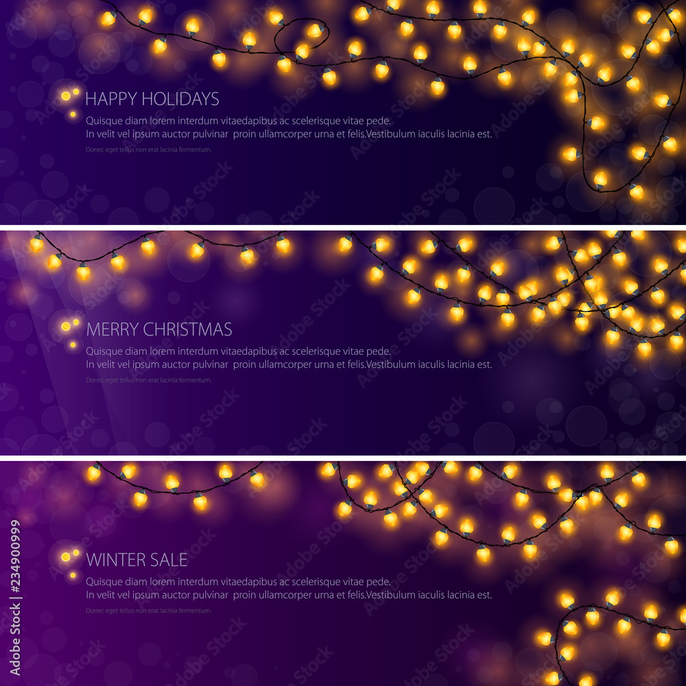 Set of banners with festive yellow glowing garlands, Christmas decorations, Vector Illustration
