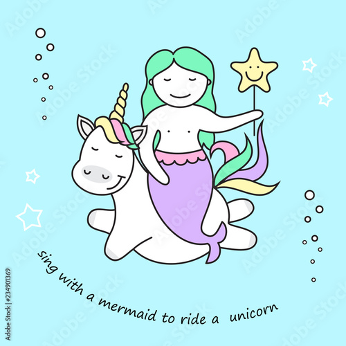 cute mermaid and magic unicorn, vector illustration 